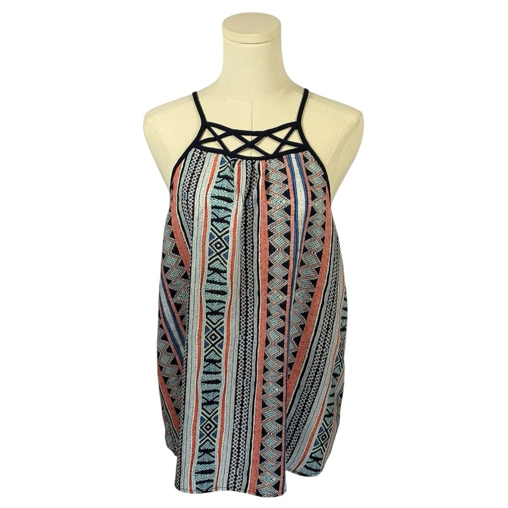 Monteau Blue, Orange, & White Geometric Print Tank Top (Size XL)
